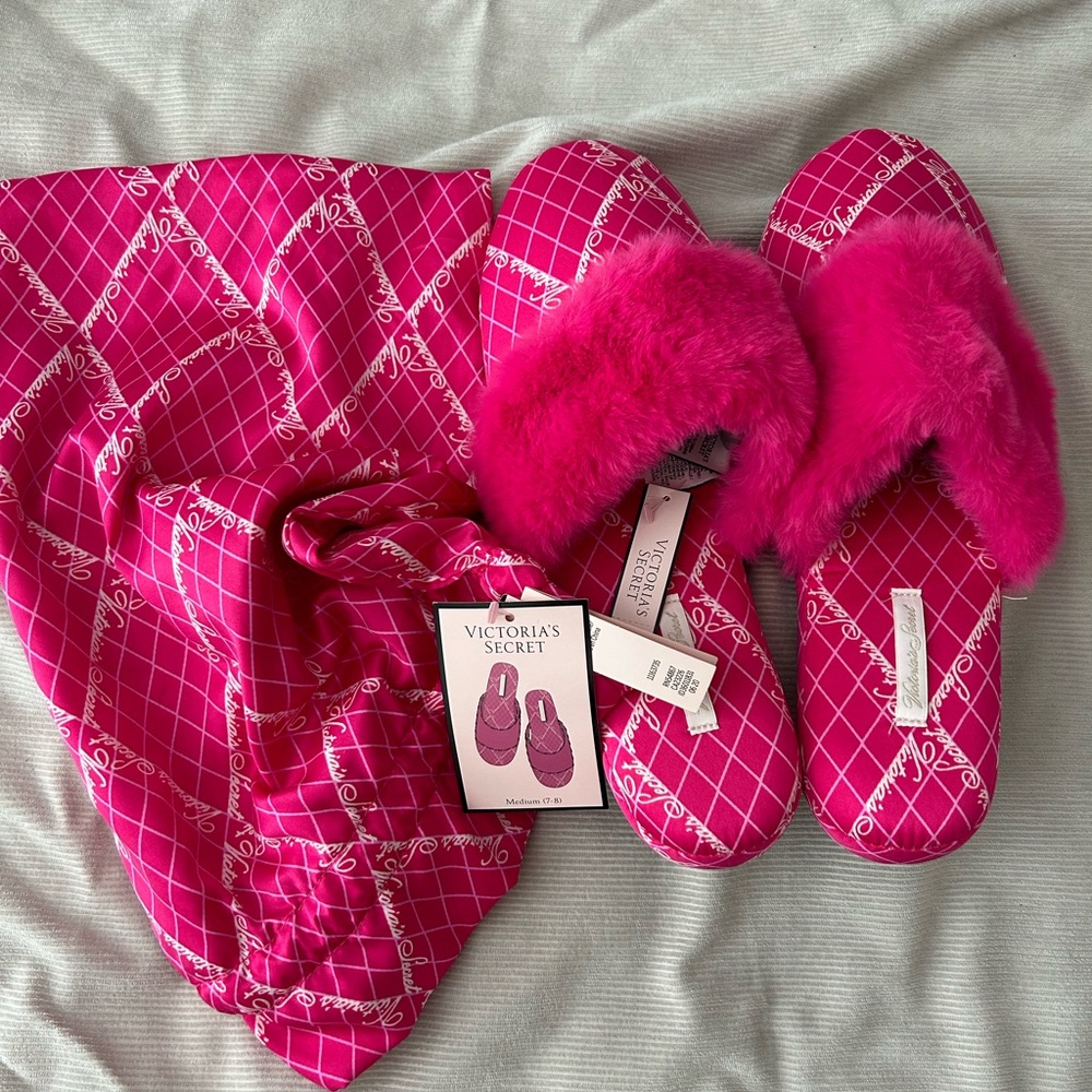 Victorias Secret Hot Pink Satin Slippers - Picture 1 of 5